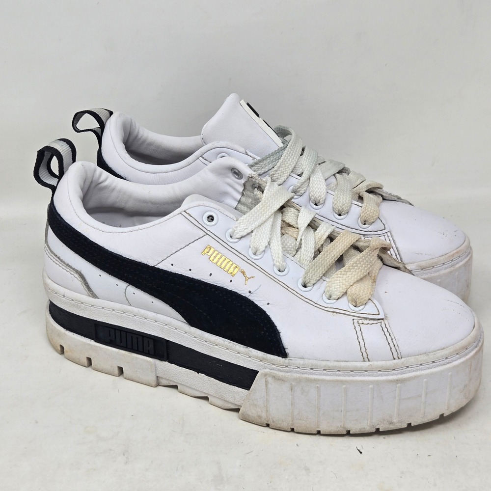 Puma Mayze Classic White Black Leather Platform Sneakers 381983-01 Womens 6